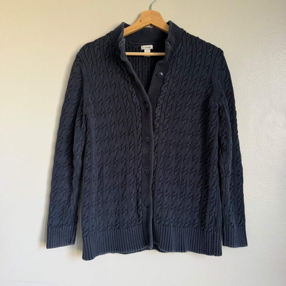 LL Bean Navy Blue Cable Knit Cotton Cardigan Sweater Mock Neck Mens L Fishermans